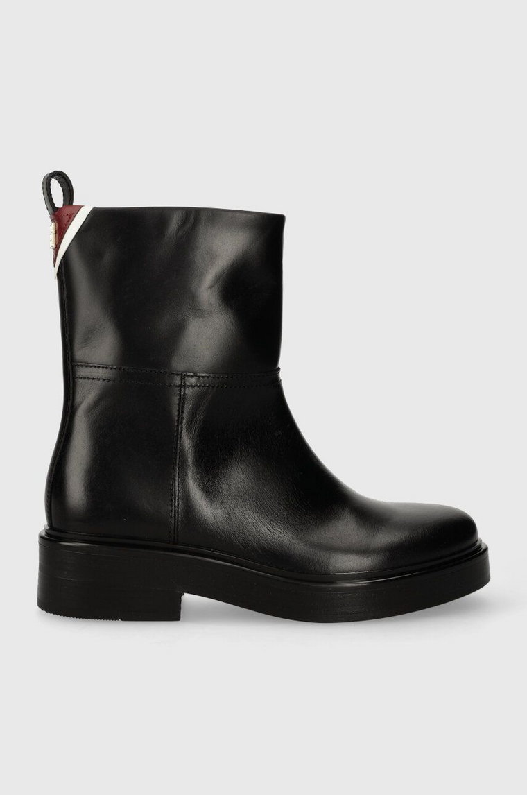 Tommy Hilfiger botki skórzane COOL ELEVATED ANKLE BOOTIE damskie kolor czarny na płaskim obcasie FW0FW07487