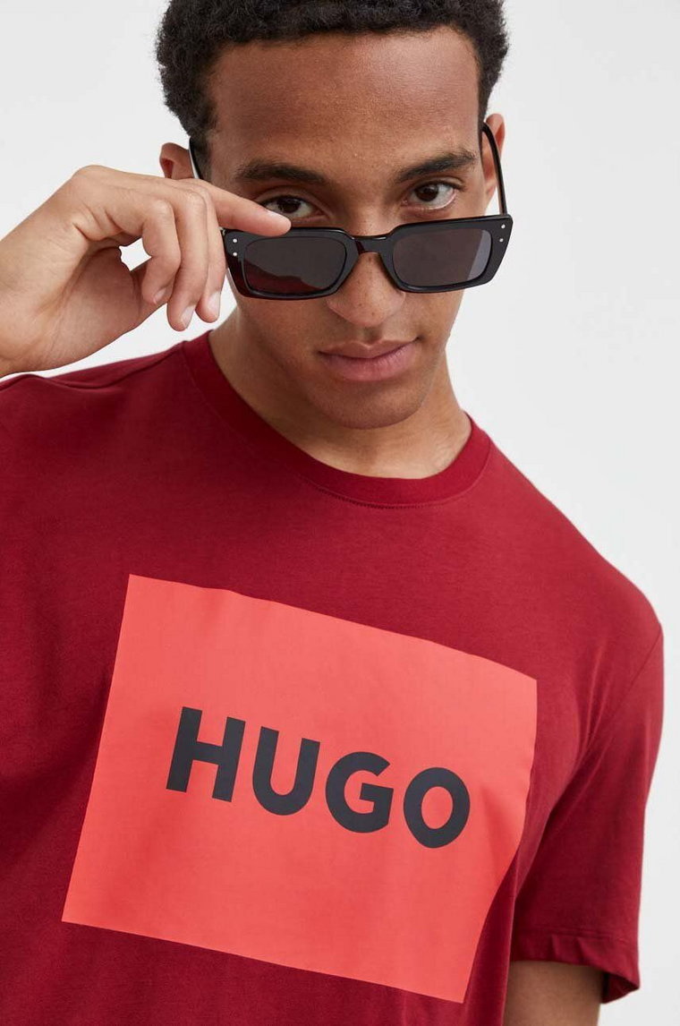 HUGO t-shirt bawełniany kolor bordowy z nadrukiem 50467952