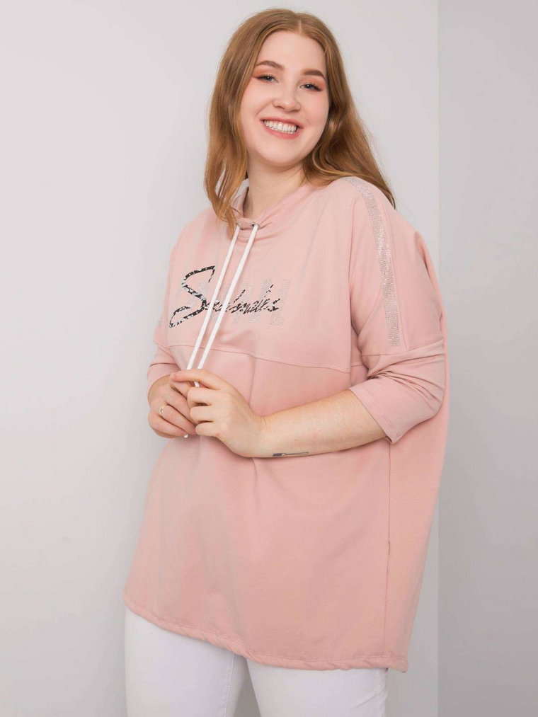 Bluzka plus size jasny różowy casual dekolt okrągły rękaw 3/4 dżety