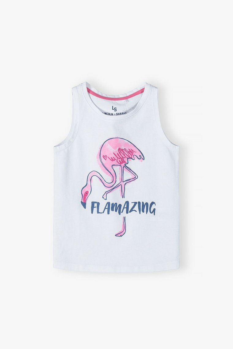 Bawełniany T-shirt dla dziewczynki - biały z flamingiem