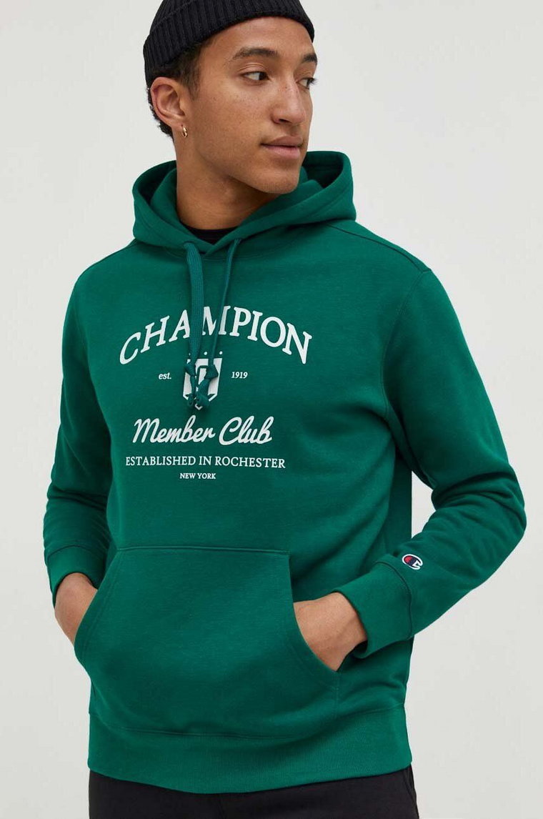 Champion bluza męska kolor zielony z kapturem z nadrukiem