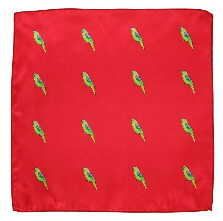 Czerwona Elegancka Poszetka Męska -ALTIES- w Zielone Papugi, Motyw Zwierzęcy
