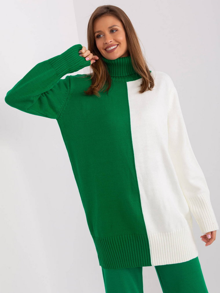 Sweter z golfem zielony casual dekolt golf rękaw długi długość długa
