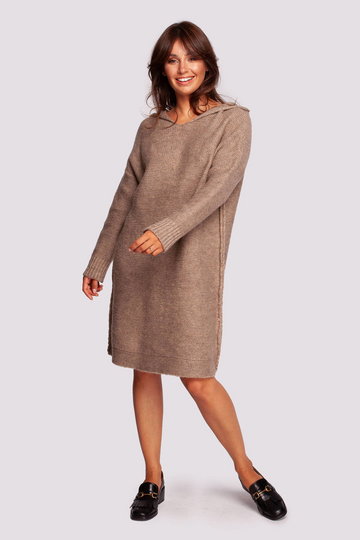 Sweter sukienka z kapturem - jasnobrązowy