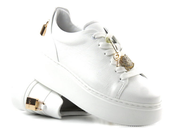Skórzane buty damskie na platformie - Carinii B9500, białe
