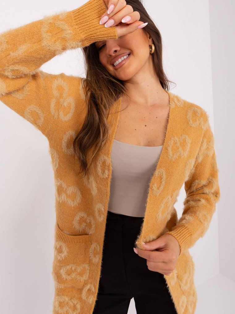 Sweter kardigan camelowy casual narzutka rękaw długi długość długa kieszenie