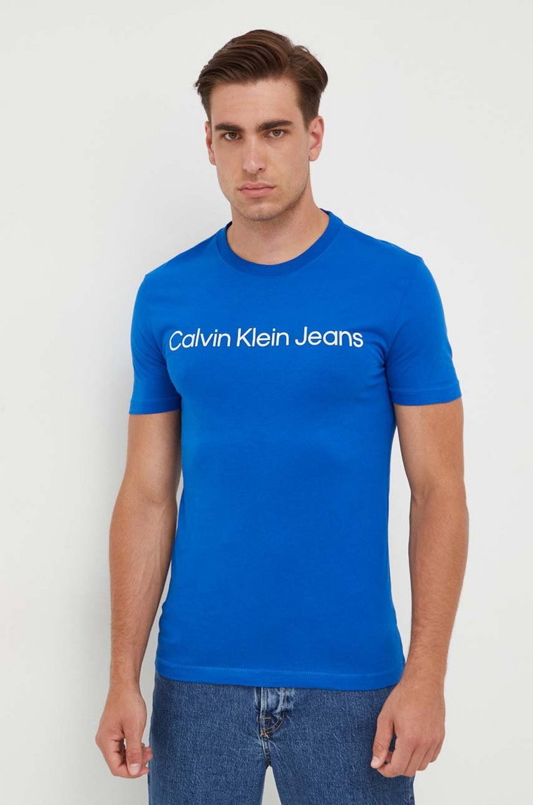 Calvin Klein Jeans t-shirt bawełniany kolor niebieski z nadrukiem