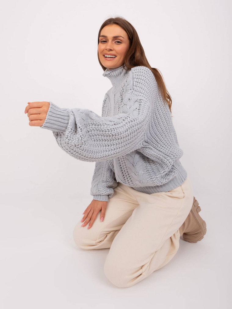 Sweter oversize szary casual golf dekolt rękaw długi bufiasty
