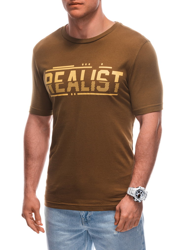 T-shirt męski z nadrukiem S1928 - brązowy