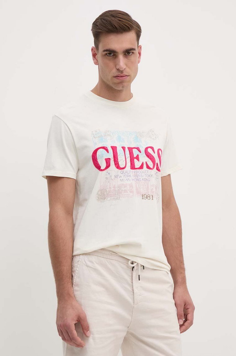 Guess t-shirt bawełniany męski kolor beżowy z nadrukiem M4YI79 K9RM1