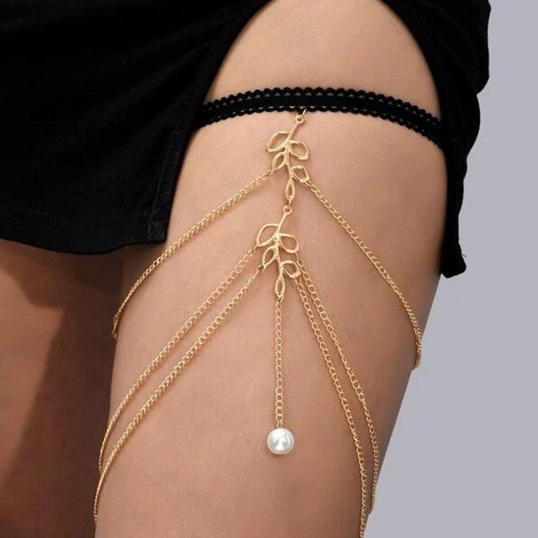 Łańcuszek na udo z motywem listków z imitacją perły - Złoty