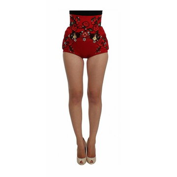 Dolce & Gabbana, Silk Crystal Roses Shorts Czerwony, female,