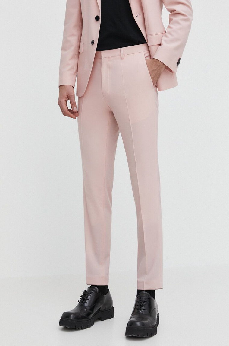 HUGO spodnie z domieszką wełny kolor różowy dopasowane 50500271