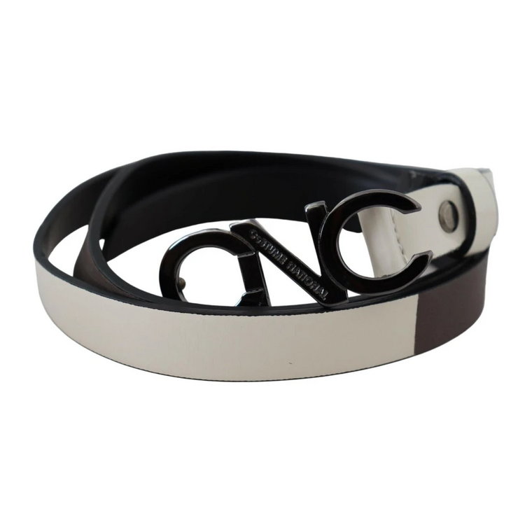 White Black Leather Letter Logo Buckle Belt Costume National