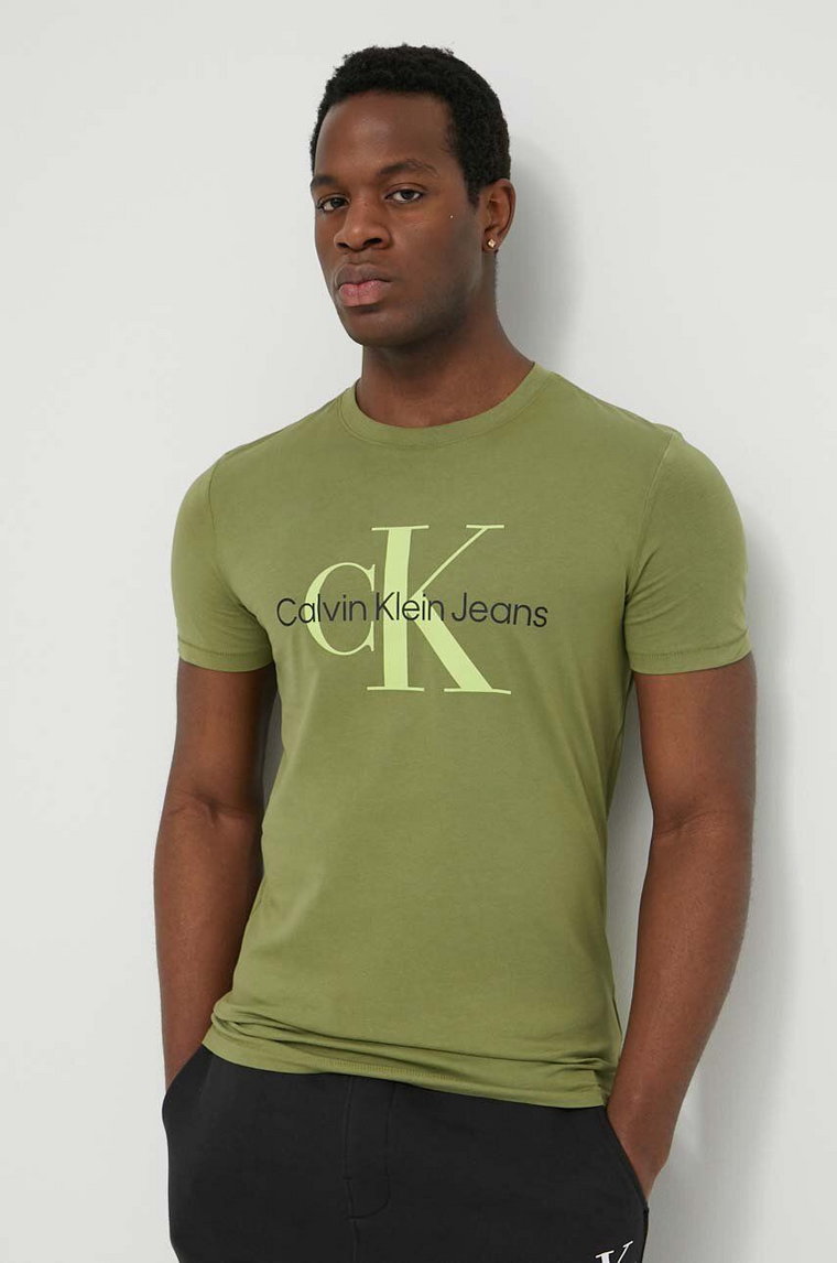 Calvin Klein Jeans t-shirt bawełniany kolor zielony z nadrukiem