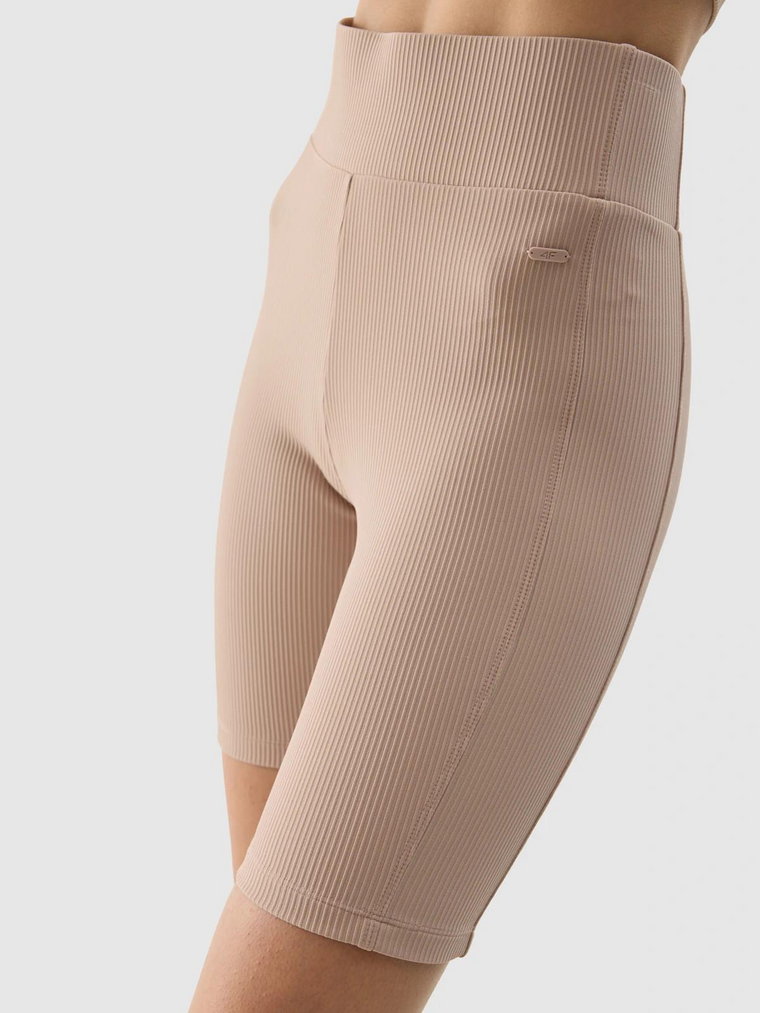 Krótkie Legginsy Treningowe Damskie Beżowe 4F Ribbed