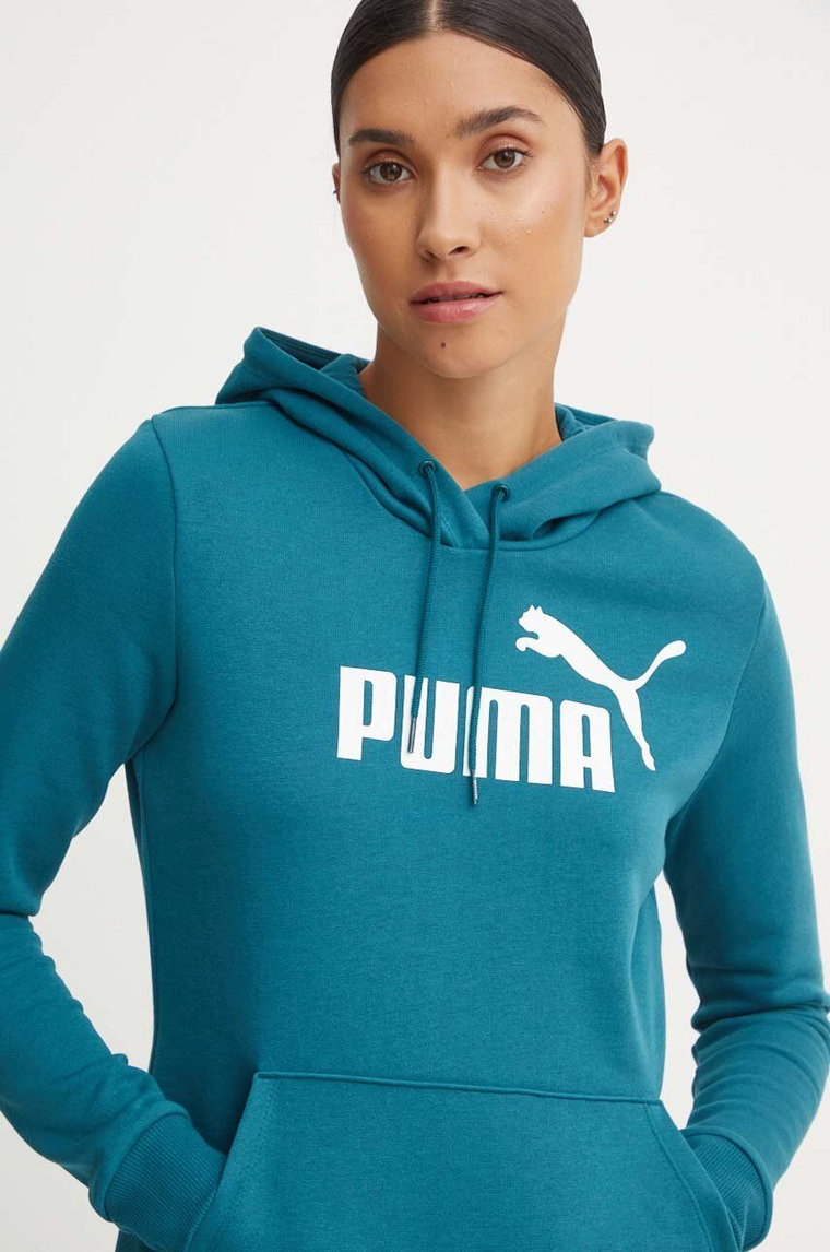 Puma bluza damska kolor zielony z kapturem z nadrukiem