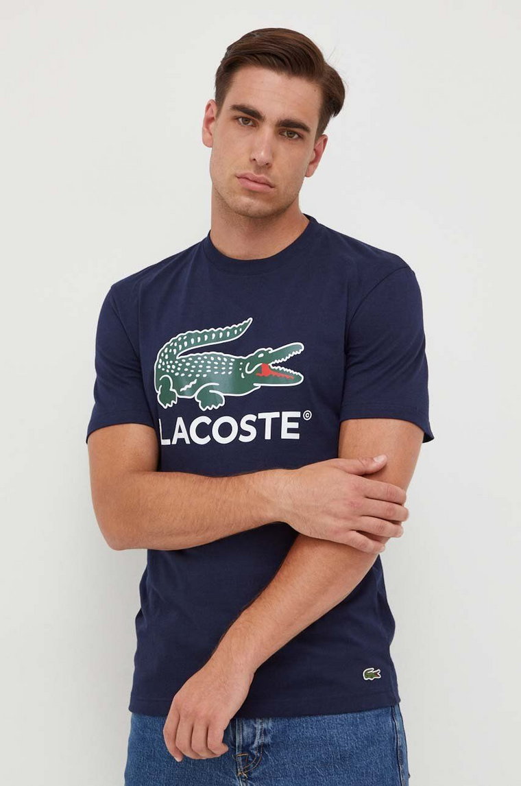 Lacoste t-shirt bawełniany kolor granatowy z nadrukiem