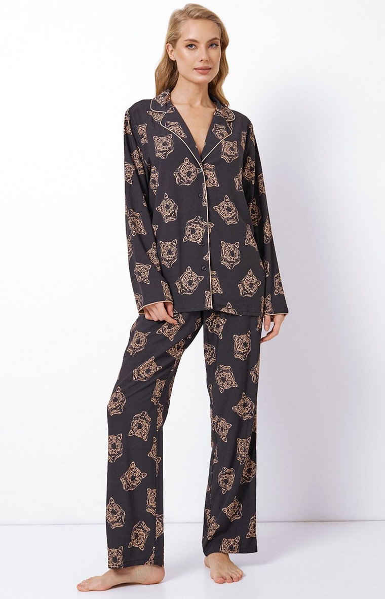 Wzorzysta koszulowa piżama damska Taya Long, Kolor czarny-wzór, Rozmiar XS, Aruelle