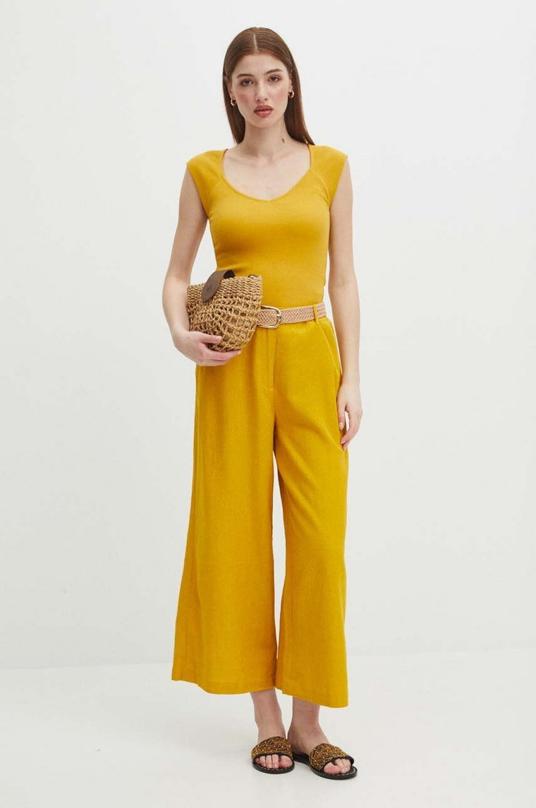 Medicine spodnie lniane damskie kolor żółty fason culottes high waist