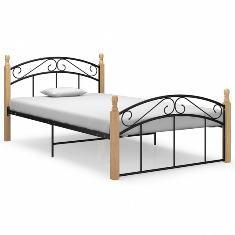 Rama łóżka, czarny metal i lite drewno dębowe, 120x200 cm kod: V-324927