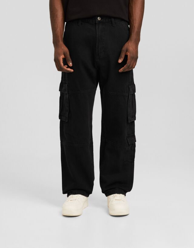 Bershka Jeansy Baggy Cargo Mężczyzna 38 Czarny