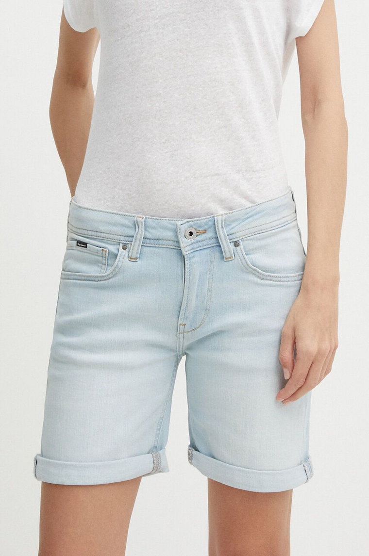 Pepe Jeans szorty jeansowe SLIM SHORT MW damskie kolor niebieski gładkie medium waist PL801120RH6