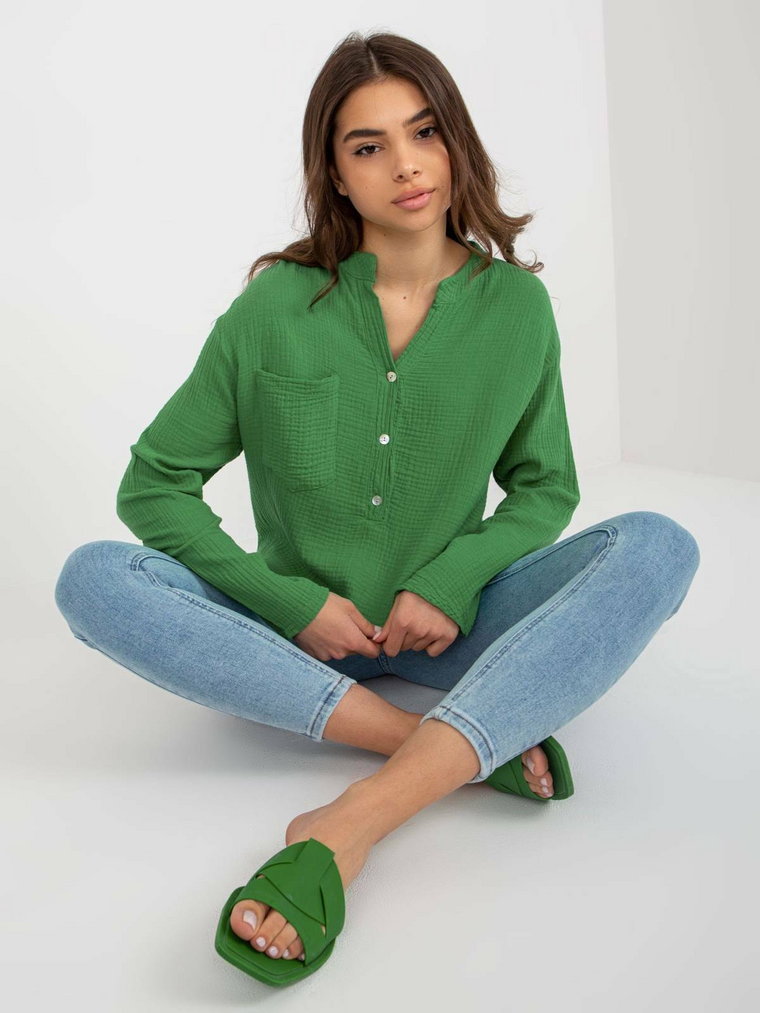 Koszula koszulowa zielony casual dekolt w kształcie V rękaw długi