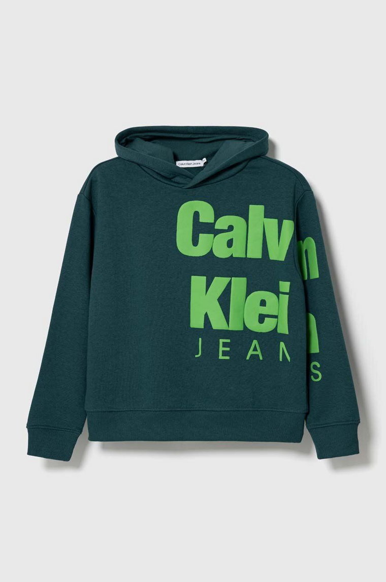 Calvin Klein Jeans bluza dziecięca kolor zielony z kapturem z nadrukiem
