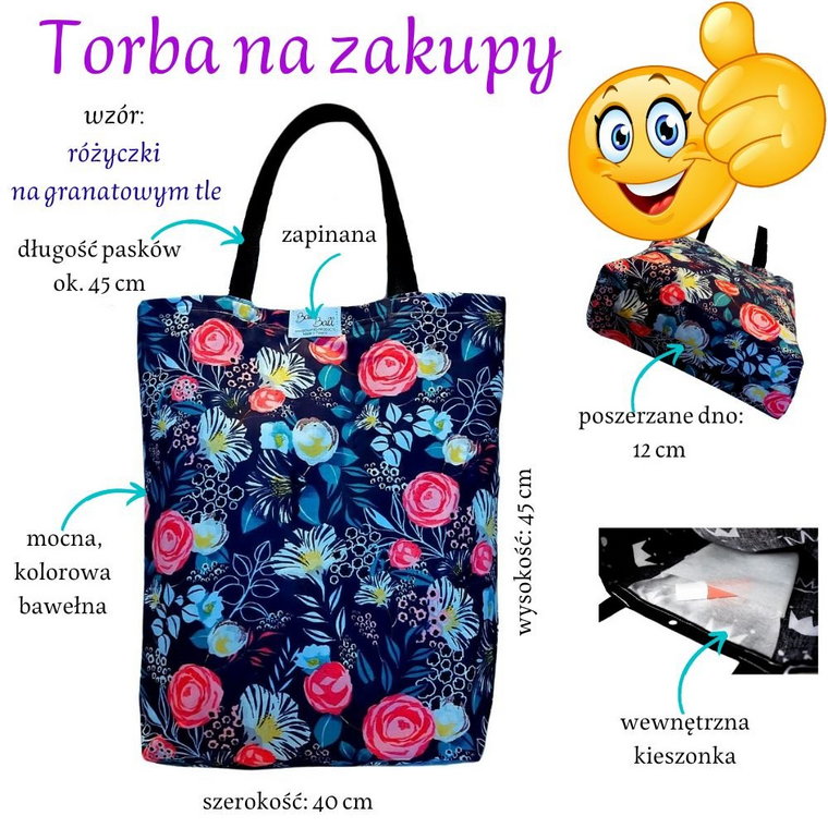 Torba na zakupy bawełniana siatka kolorowa Eko shopperka Handmade - RÓŻE NA GRANATOWYM TLE