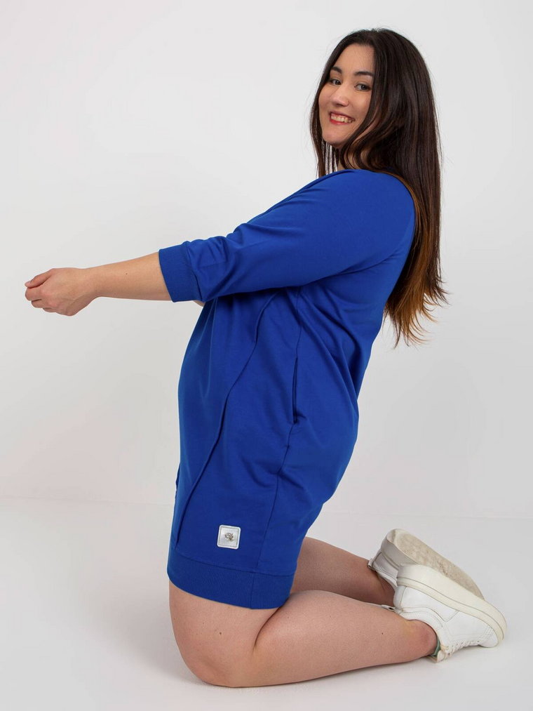 Sukienka plus size kobaltowy casual sportowy dresowa codzienna dekolt w kształcie V rękaw 3/4 długość mini kieszenie