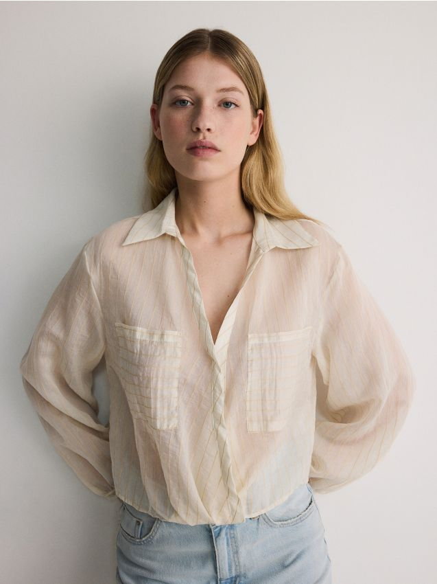 Reserved - Transparentna bluzka z lyocellem - złamana biel