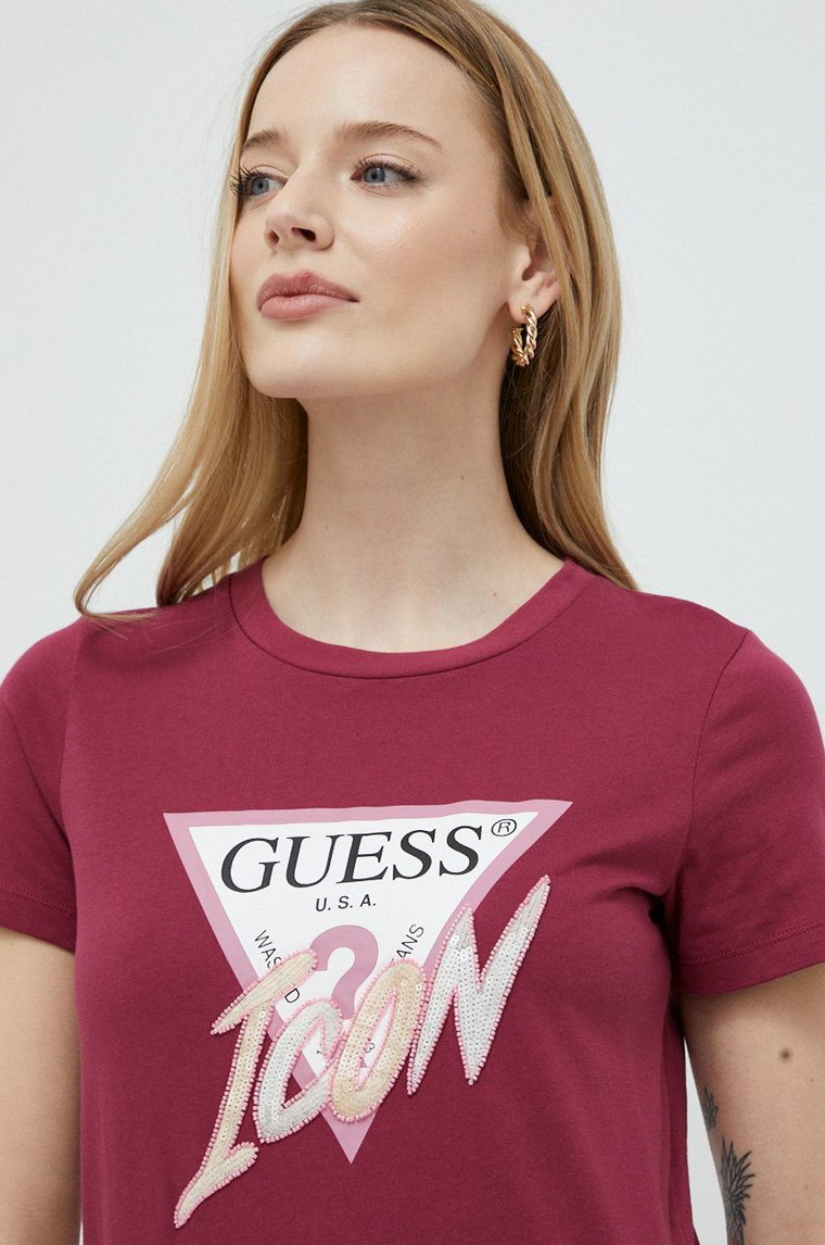 Guess t-shirt bawełniany kolor bordowy