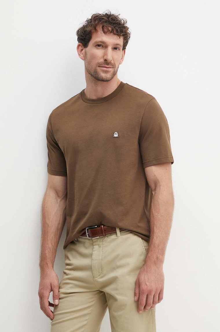 United Colors of Benetton t-shirt bawełniany męski kolor brązowy gładki