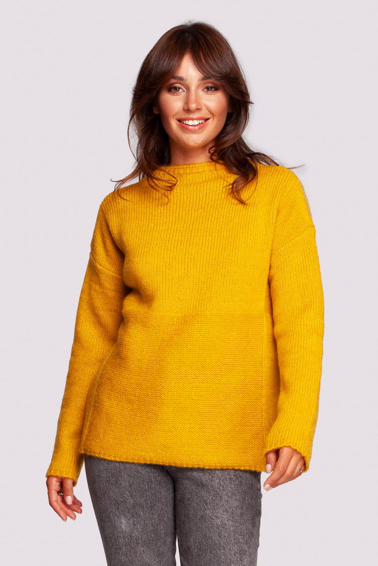 Milutki Sweter z Zabudowanym Dekoltem - Miodowy