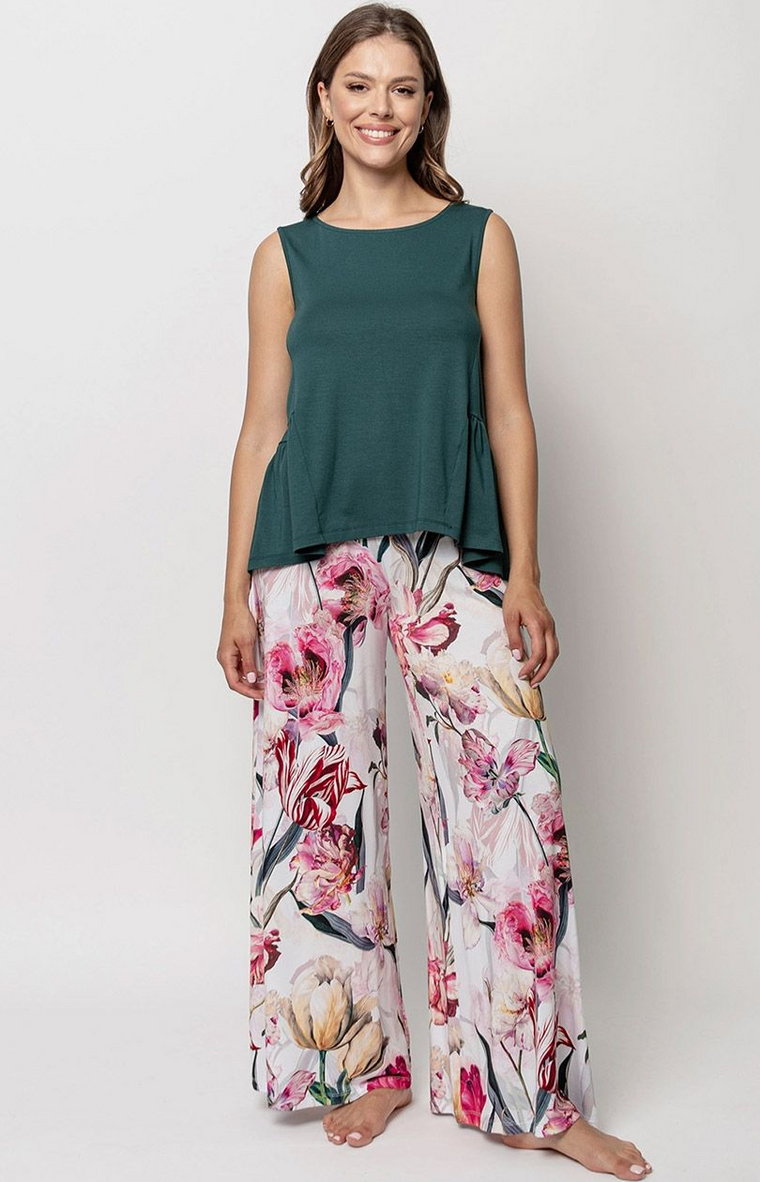 Piżama damska z szerokimi spodniami w kwiatowy wzór w odcieniach zieleni 26, Kolor zielony, Rozmiar S, Oh Zuza