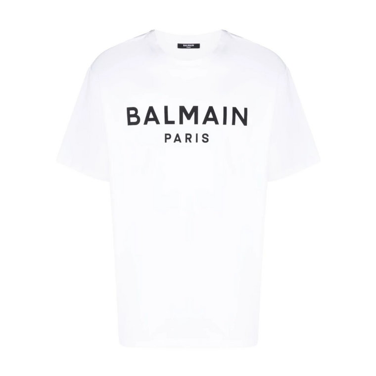 Biała Koszulka z Organicznego Bawełny z Flockowanym Logo Balmain