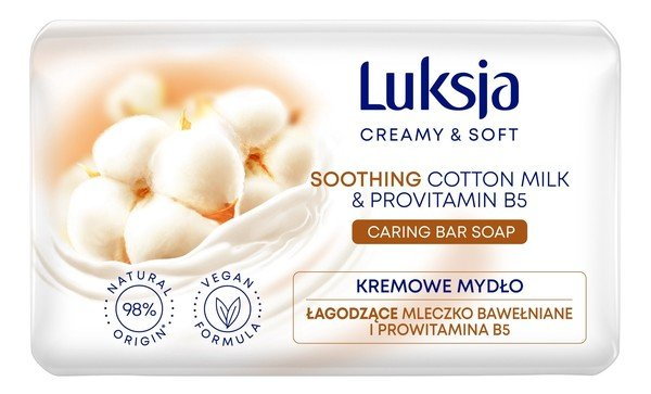 Luksja Creamy & Soft, Łagodzące kremowe mydło w kostce Mleczko Bawełniane & Prowitamina B5 90g