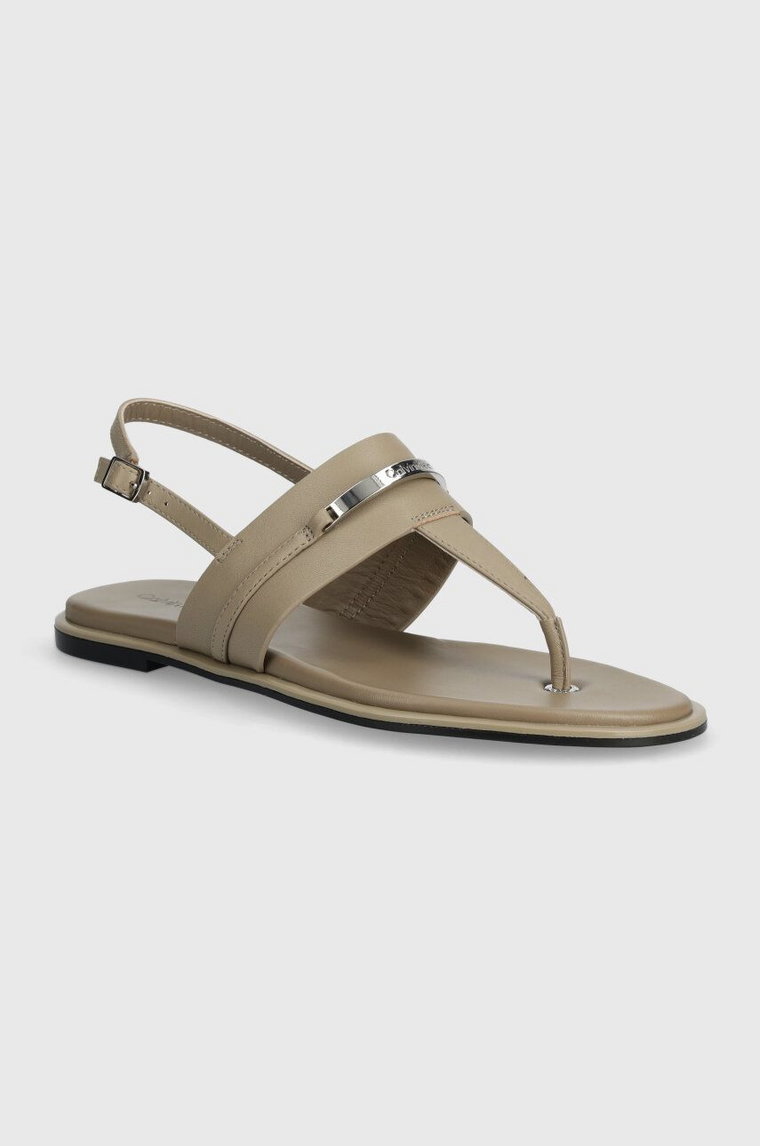 Calvin Klein sandały skórzane FLAT TP SANDAL METAL BAR LTH damskie kolor beżowy HW0HW02031