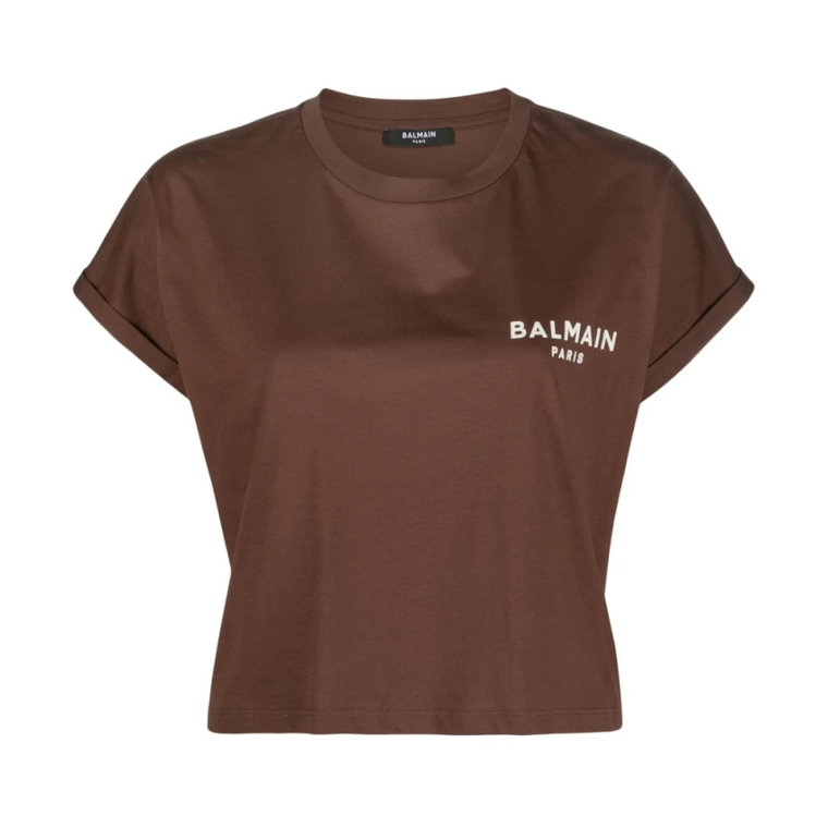 Brązowy Bawełniany Crop Top z Logo Flock Balmain