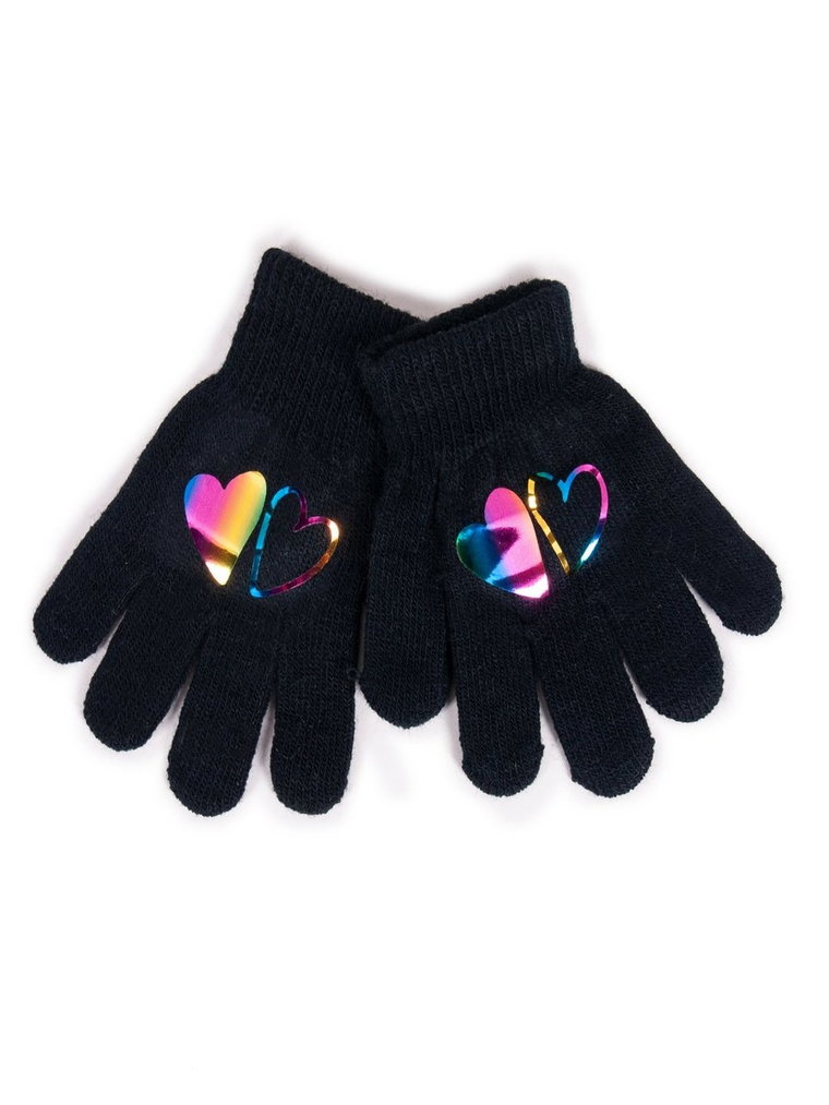 Rękawiczki Dziewczęce Pięciopalczaste Czarne Z Hologramem Sercami 16 Cm Yoclub
