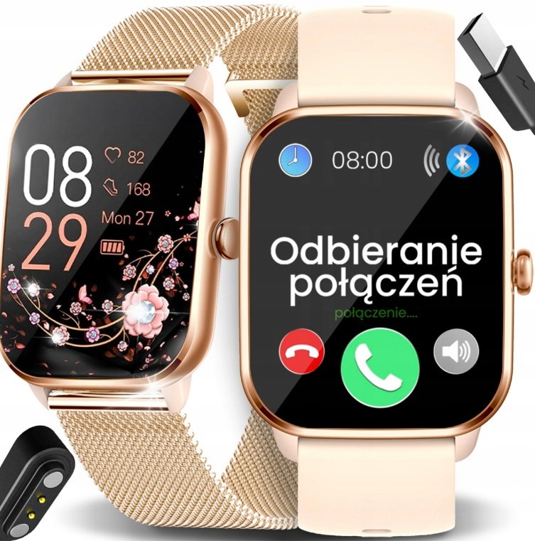 Smartwatch Damski Zegarek Rozmowy Menu Pl Złoty 2 Paski Kobiety