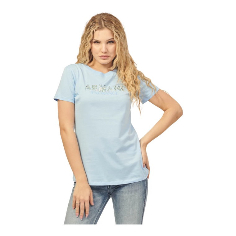 Niebieski Organiczny Bawełniany T-shirt z nadrukiem logo Armani Exchange