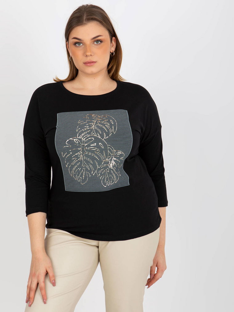 Bluzka plus size czarny casual codzienna dekolt okrągły rękaw 3/4