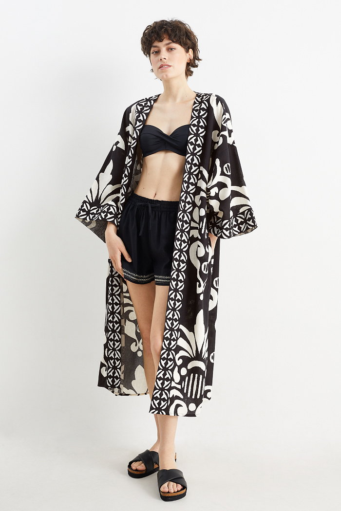 C&A Rangsutra x C&A-kimono-mieszanka z lnem-z wzorem, Czarny, Rozmiar: S-M