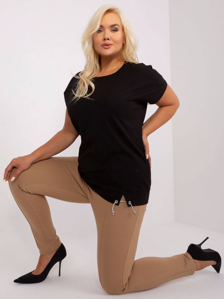 Bluzka plus size czarny casual codzienna dekolt okrągły rękaw krótki cyrkonie