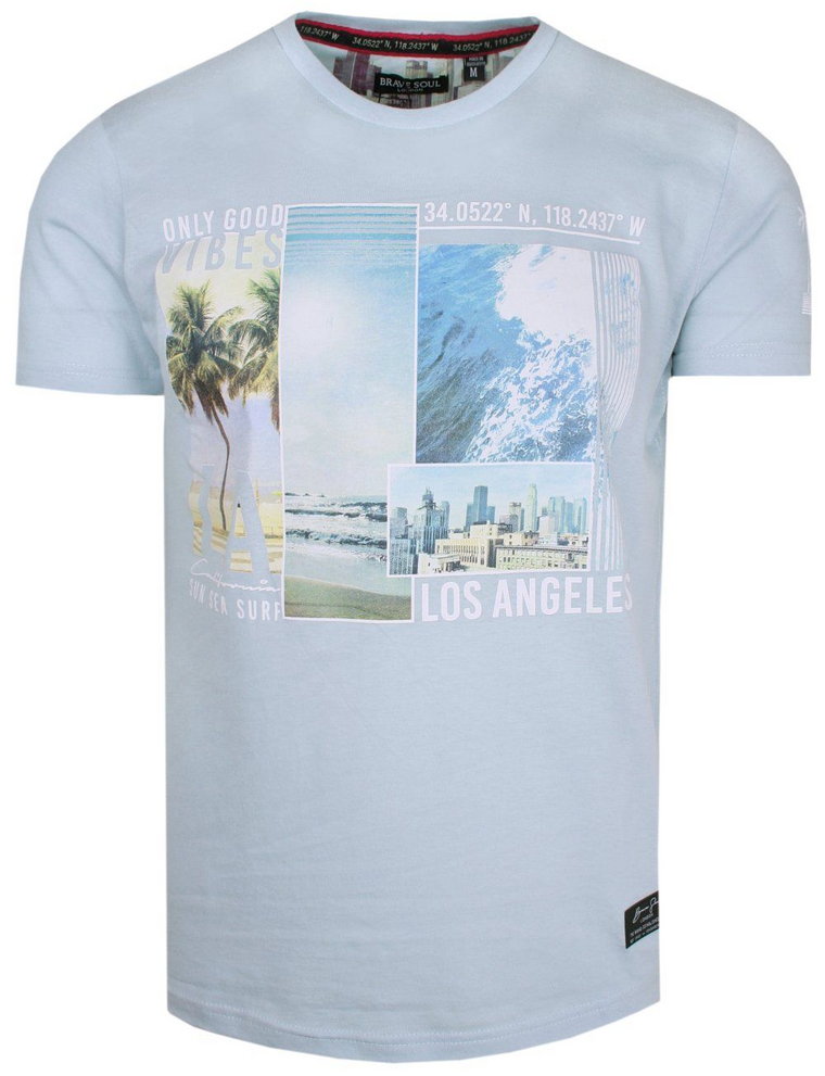 T-Shirt Bawełniany Niebieski z Nadrukiem, LOS ANGELES, Okrągły Dekolt -BRAVE SOUL