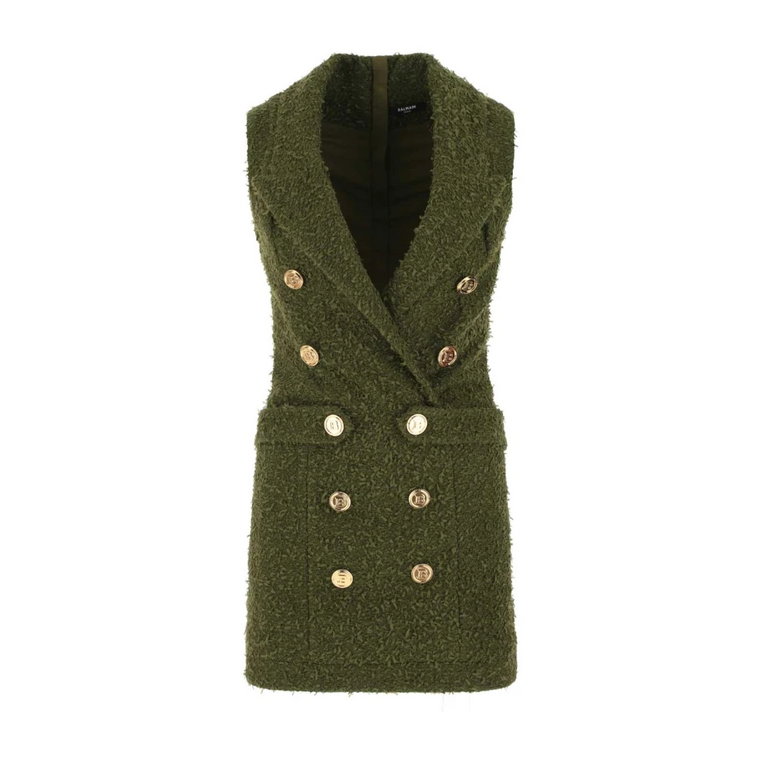 Army Green Tweed Blazer Sukienka Balmain