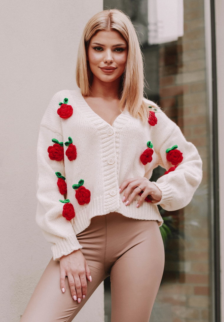 Sweter damski z kwiatkami 3D Blossom, rozpinany, beżowy Jeden rozmiar