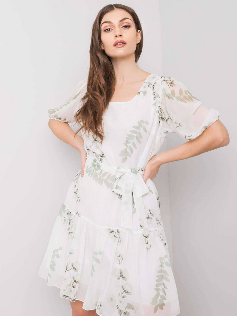 Sukienka z printem biały elegancki klasyczny koktajlowa codzienna dekolt okrągły rękaw krótki długość mini